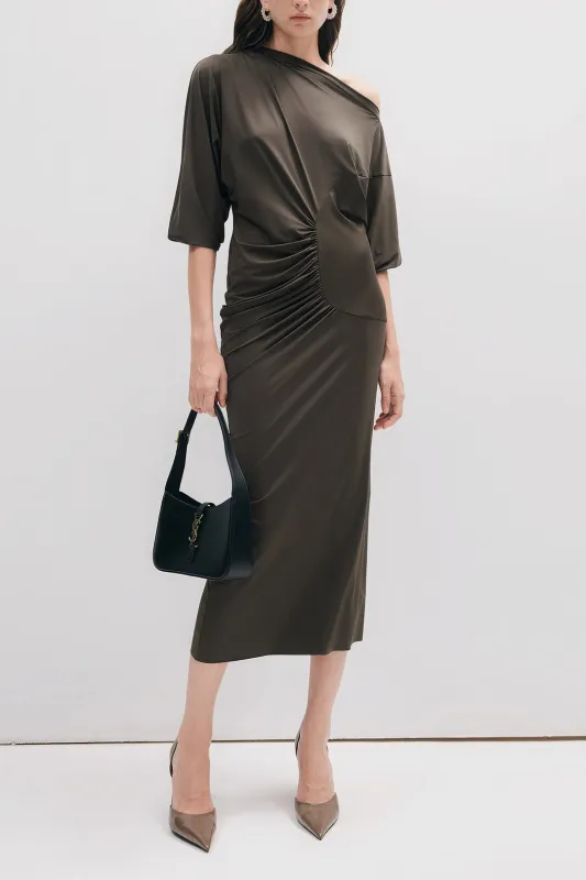 Ruched Asymmetrical Shoulder Short Sleeve Midi Dress sold by Micas