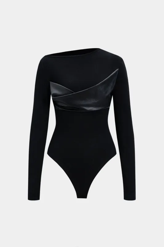 Faux Leather Patchwork Long Sleeve Bodysuit sold by Micas