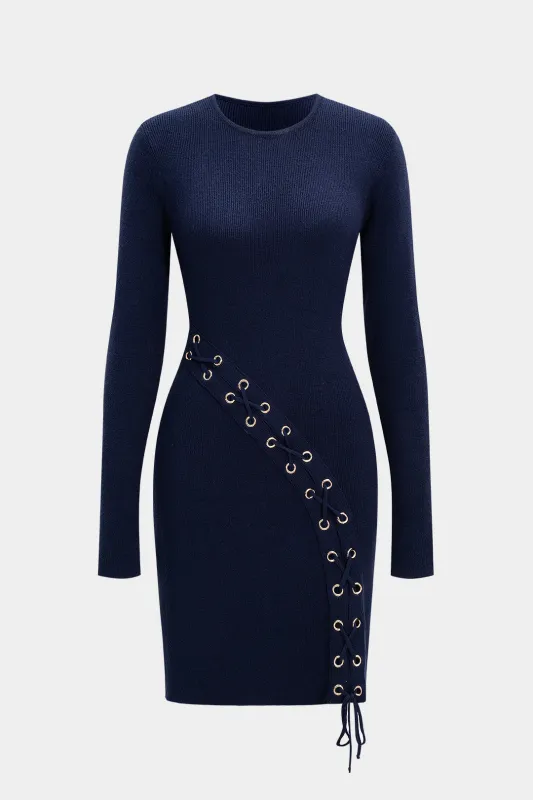 Knit Asymmetrical Tie Front Round Neck Long Sleeve Dress sold by Micas