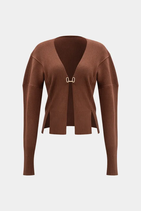 Knit Metallic Buckle V-Neck Gigot Sleeve Slit Cardigan sold by Micas