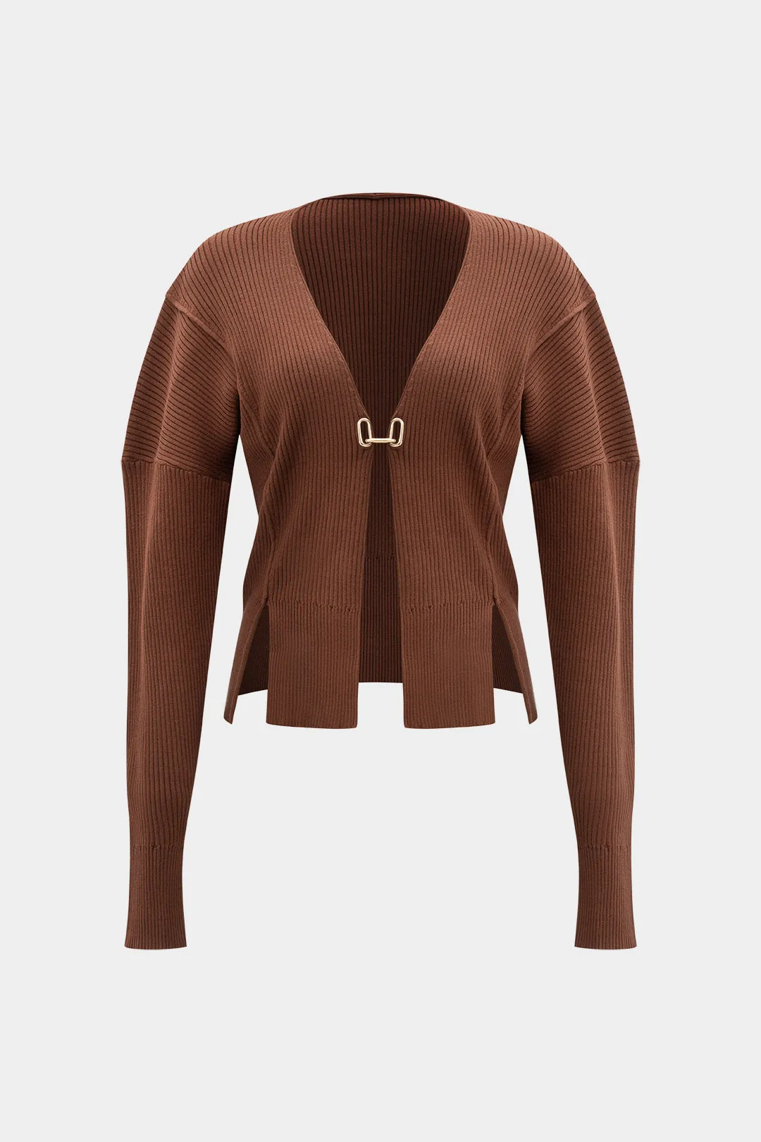 Knit Metallic Buckle V-Neck Gigot Sleeve Slit Cardigan sold by Micas