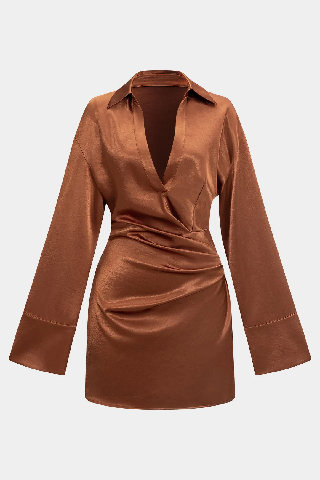 Satin Ruched V-Neck Long Sleeve Mini Dress sold by Micas