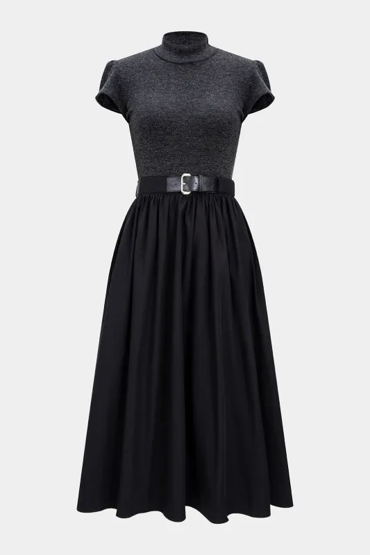 Mock Neck Patchwork Belted Short Sleeve Midi Dress sold by Micas