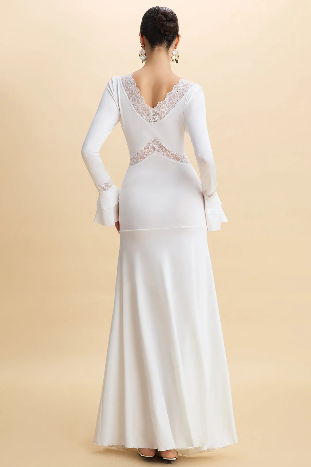 Lace Trim Ruffle Patchwork Tie-Up Bell Sleeve Maxi Dress sold by Micas product image thumbnail 2