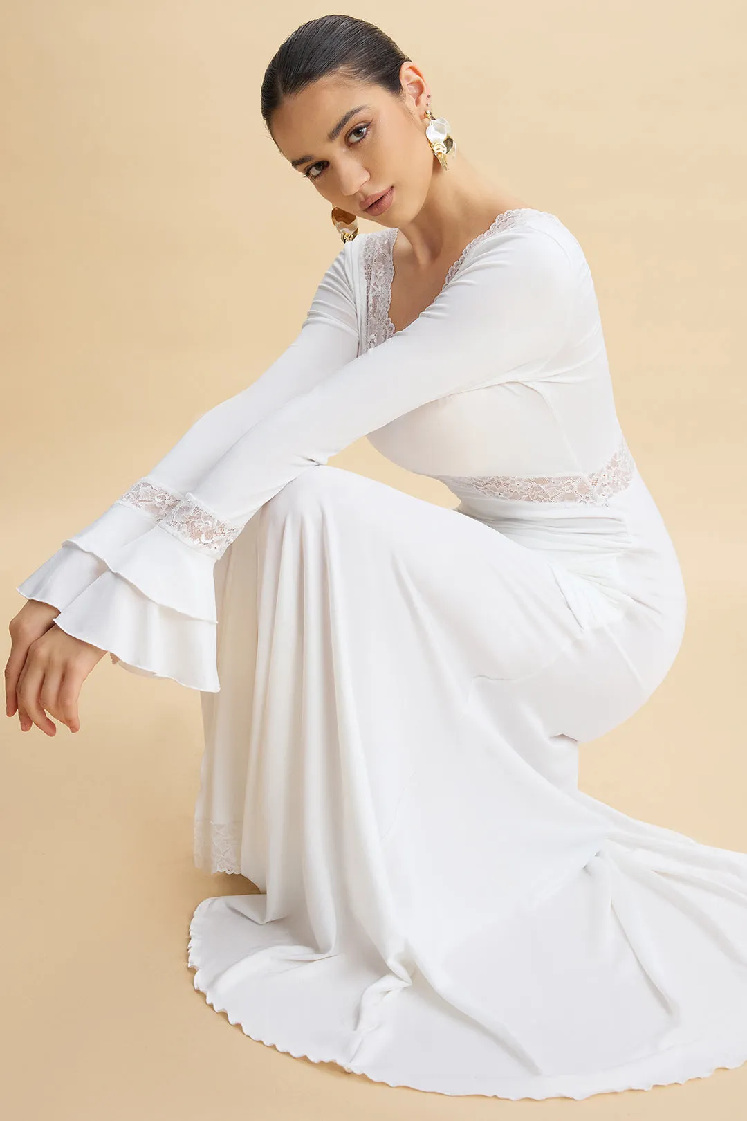 Lace Trim Ruffle Patchwork Tie-Up Bell Sleeve Maxi Dress sold by Micas product image thumbnail 3