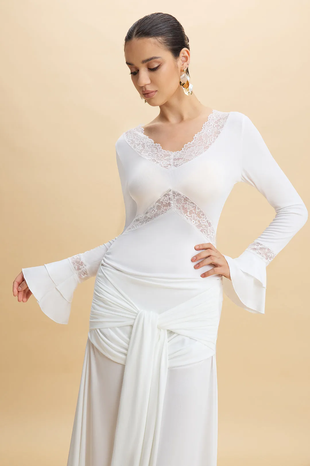 Lace Trim Ruffle Patchwork Tie-Up Bell Sleeve Maxi Dress sold by Micas product image thumbnail 4