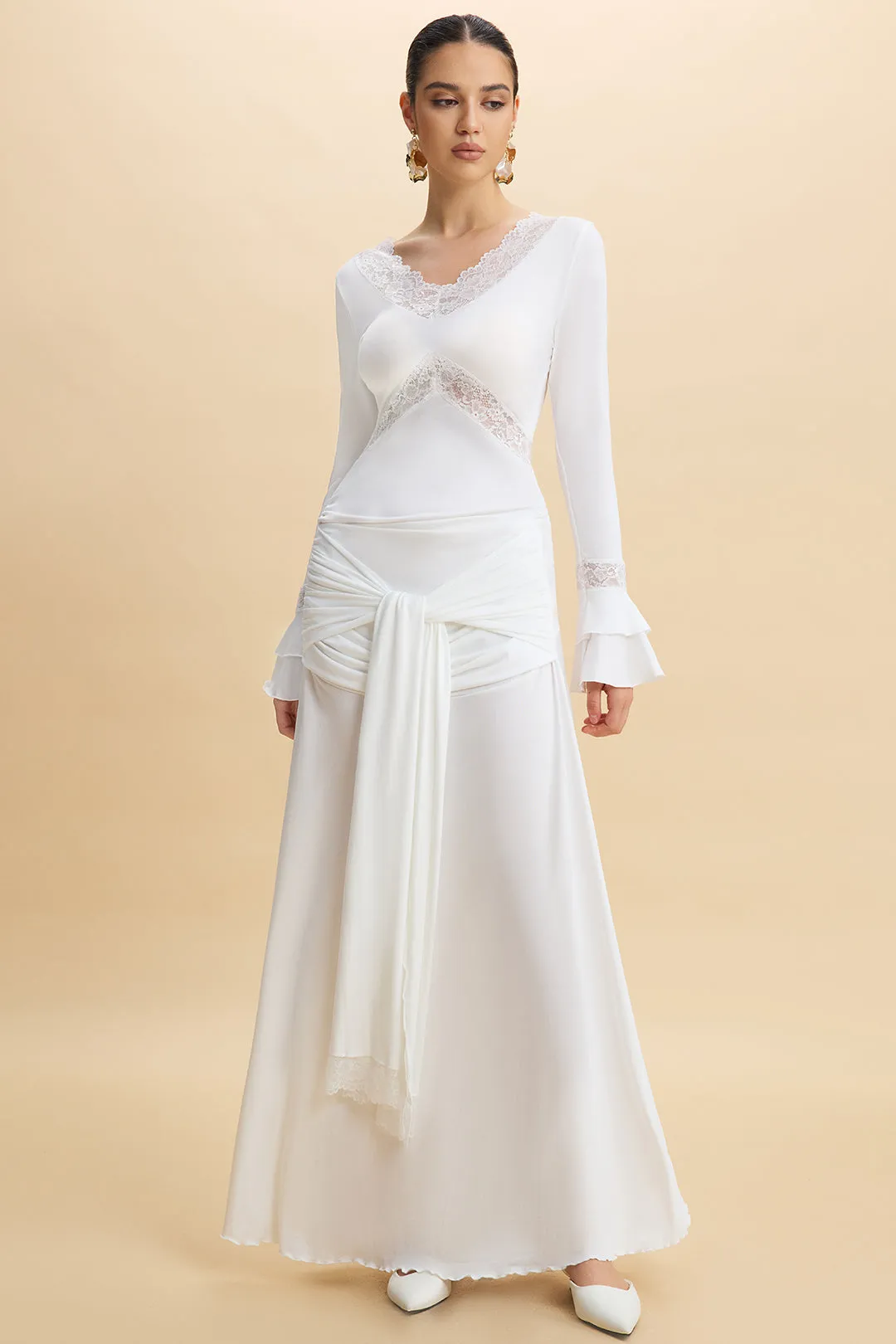 Lace Trim Ruffle Patchwork Tie-Up Bell Sleeve Maxi Dress sold by Micas