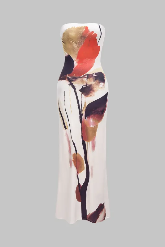 Graffiti Watercolor Floral Print Strapless Sleeveless Maxi Dress sold by Micas