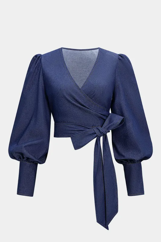 Denim Tie-Front Gigot Long-Sleeve Top sold by Micas