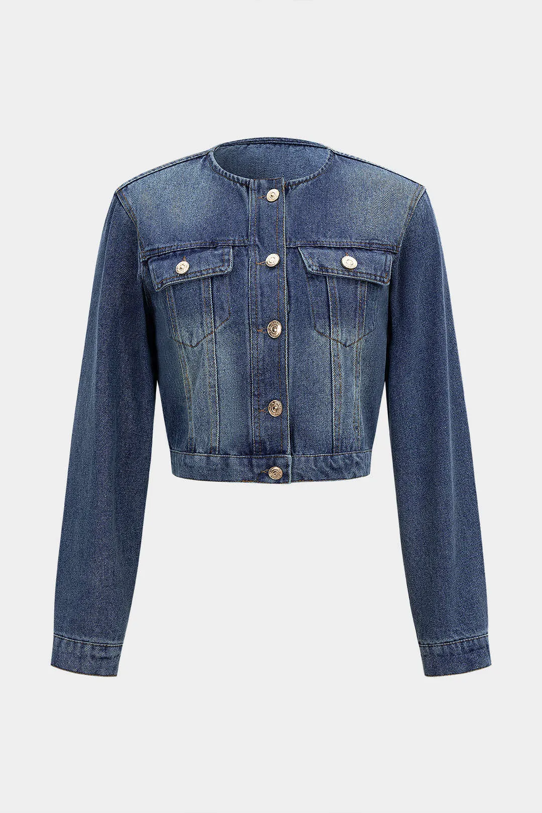 Denim Round Neck Button Long-Sleeve Top sold by Micas