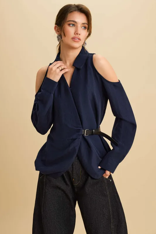 Linen Asymmetrical Belted Cut Out Long-Sleeve Shirt sold by Micas