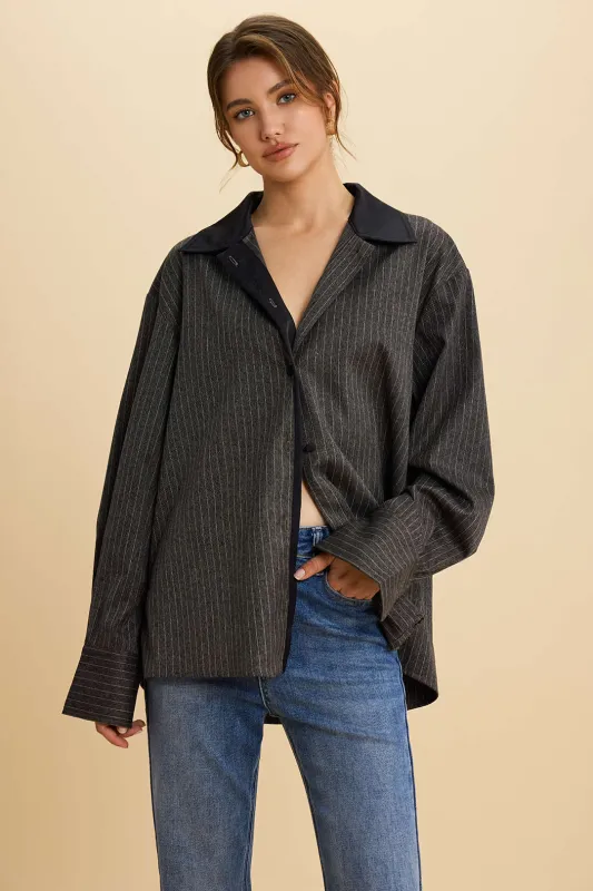 Stripes Print Button Long-Sleeve Shirt sold by Micas