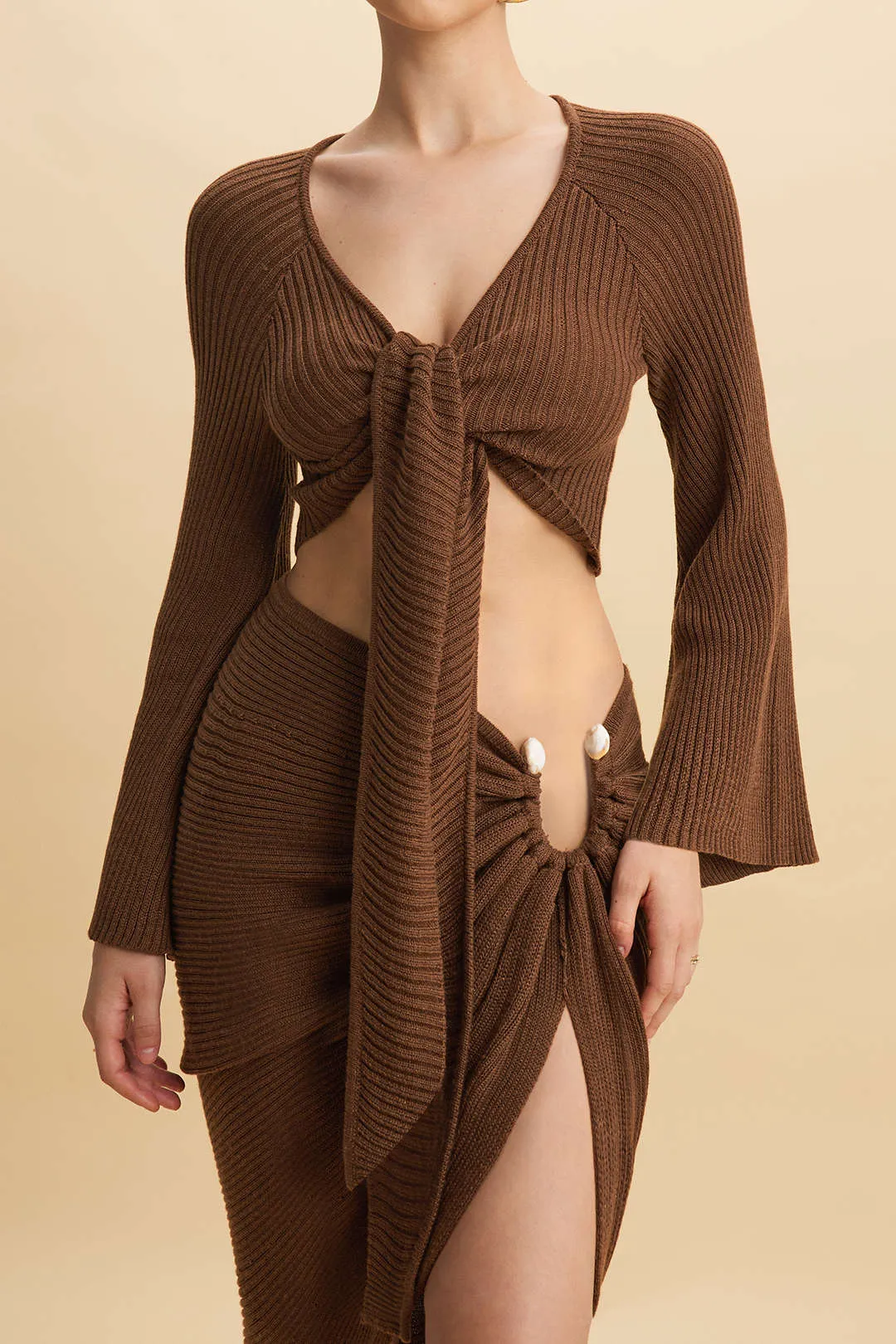 Knit Wrap Tie-Up Bell Long-Sleeve Top sold by Micas