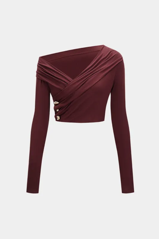 Asymmetrical Neck Ruched Metallic Decor Long-Sleeve Top sold by Micas
