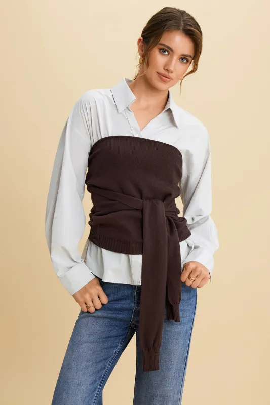 Solid Patchwork Knit Tie-Front Long-Sleeve Shirt sold by Micas