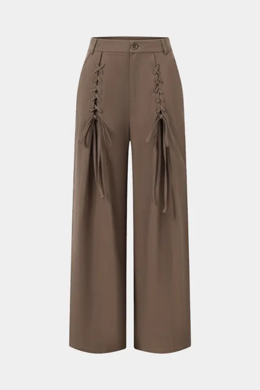 Ruched Zipper Pocket Tie-Up Straight Leg Trousers sold by Micas