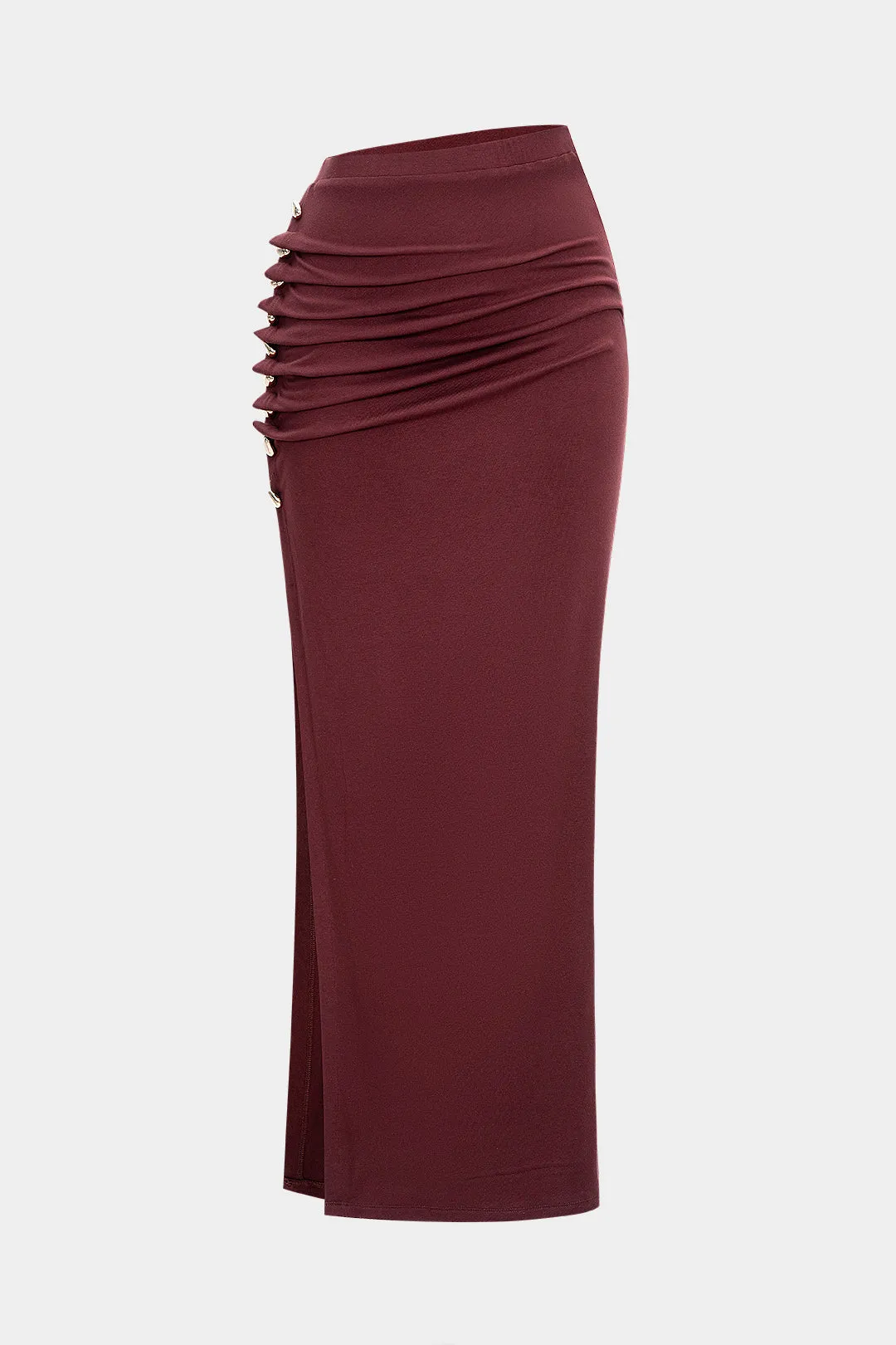 Asymmetrical Button Ruched Side Split Skirt sold by Micas