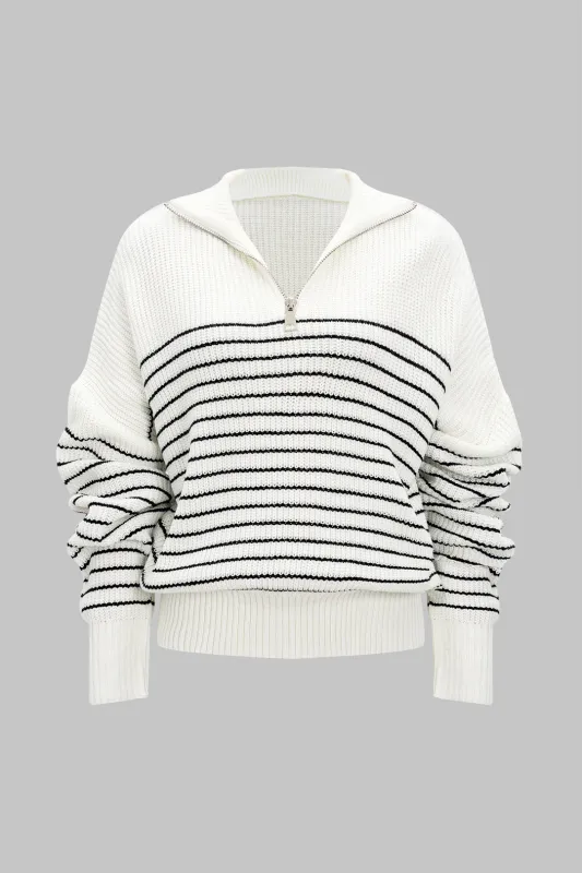 Knit Stripes Print Zipper Long-Sleeve Top made by Micas