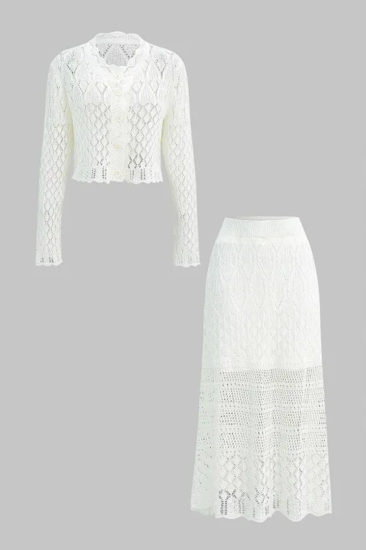Knit Cut Out Button Long-Sleeve Top And High Waist Skirt Set sold by Micas
