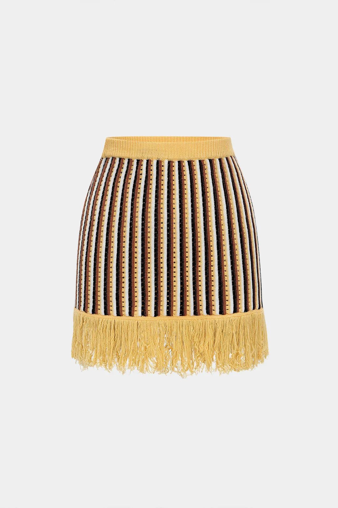 Knit Fringe Contrast Stripes Mini Skirt sold by Micas