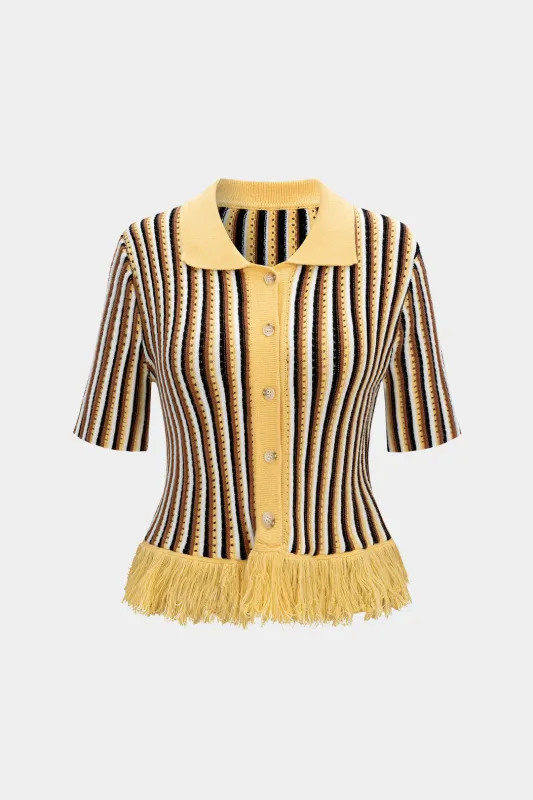 Knit Fringe Contrast Stripes Button Short-Sleeve Top sold by Micas