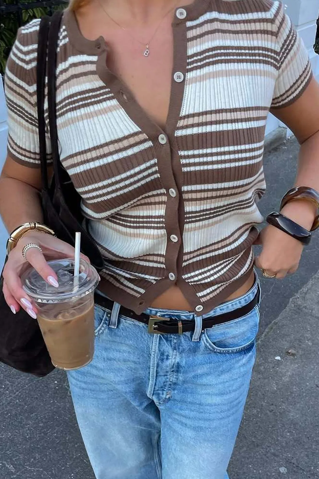 Knit Contrast Stripes Button Short-Sleeve Top sold by Micas product image thumbnail 2