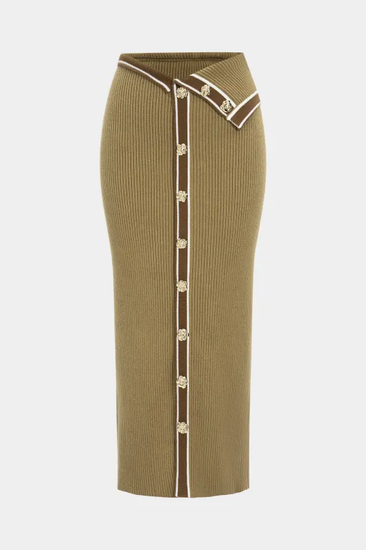 Knit Metallic Button Contrast Skirt sold by Micas