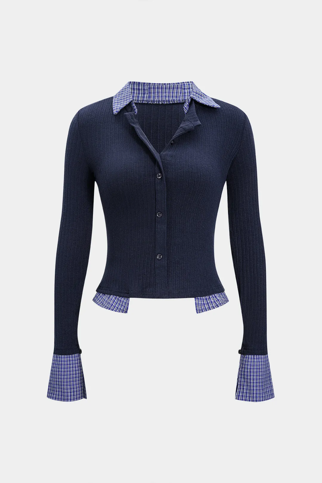 Lapel Patchwork Button Long-Sleeve Shirt sold by Micas