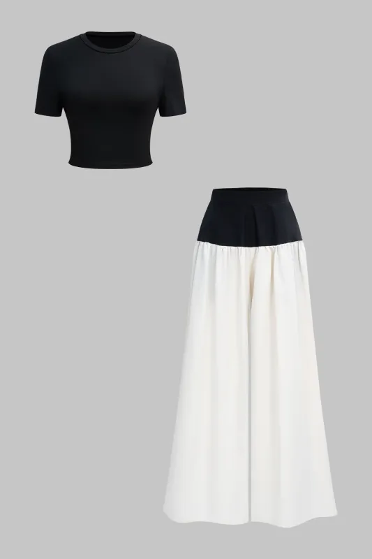 Solid Short-Sleeve T-Shirt And Contrast Ruched Wide Leg Trousers Set sold by Micas