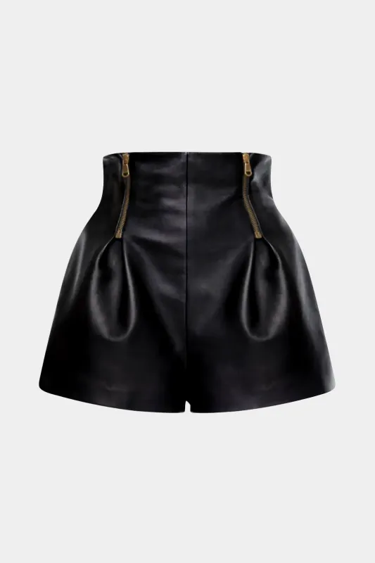 Faux Leather Ruched Zipper Shorts sold by Micas