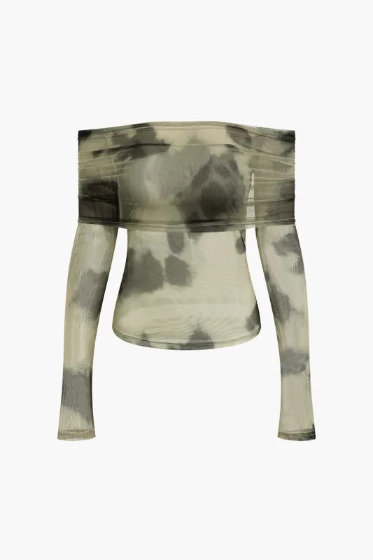 Mesh Colorblock Print Off Shoulder Long-Sleeve Top sold by Micas