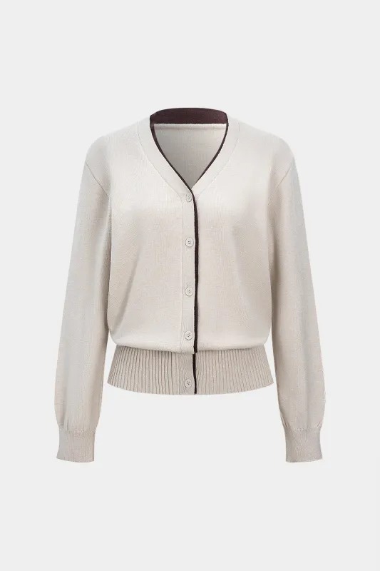 Knit Contrast Button V-Neck Long-Sleeve Top sold by Micas