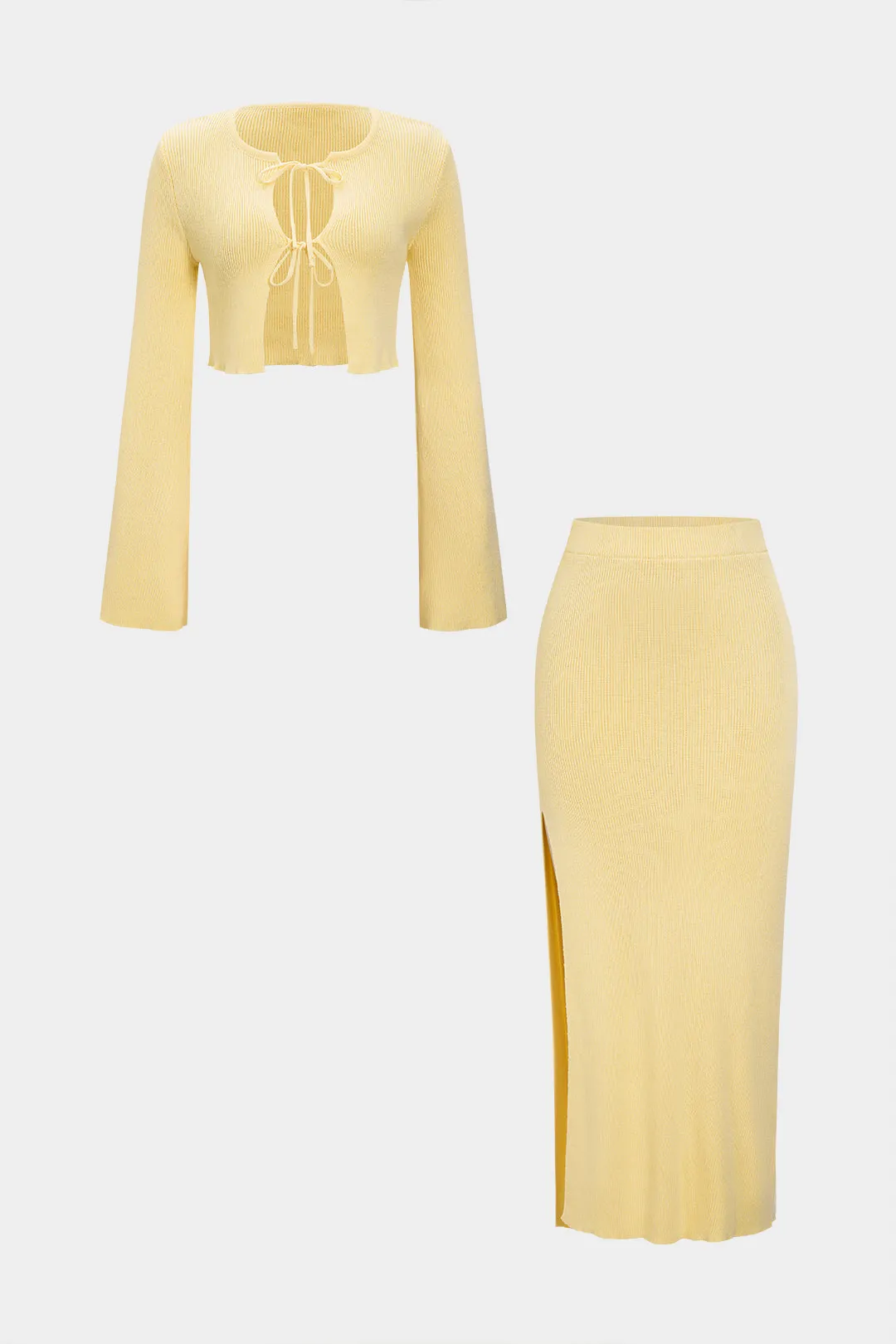 Knit Tie-Up Bell Long Sleeve Top And Side Split Skirt Set sold by Micas product image thumbnail 4