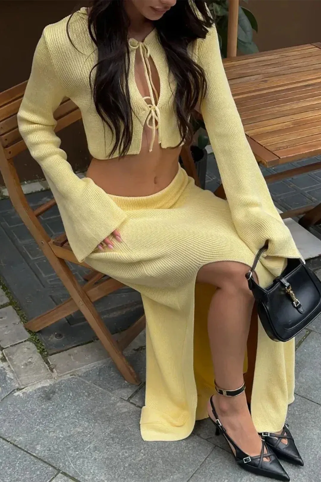 Knit Tie-Up Bell Long Sleeve Top And Side Split Skirt Set sold by Micas