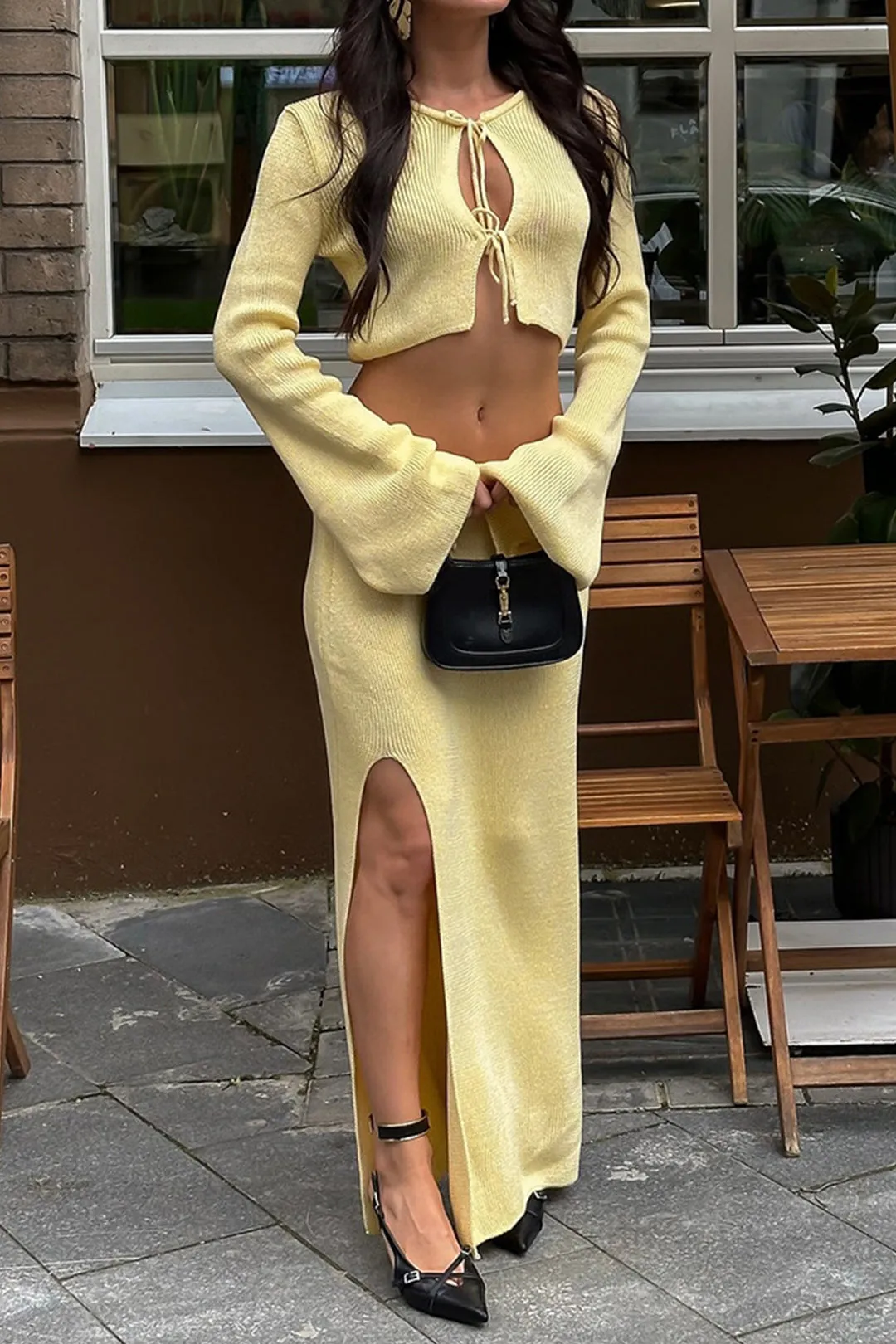 Knit Tie-Up Bell Long Sleeve Top And Side Split Skirt Set sold by Micas product image thumbnail 2