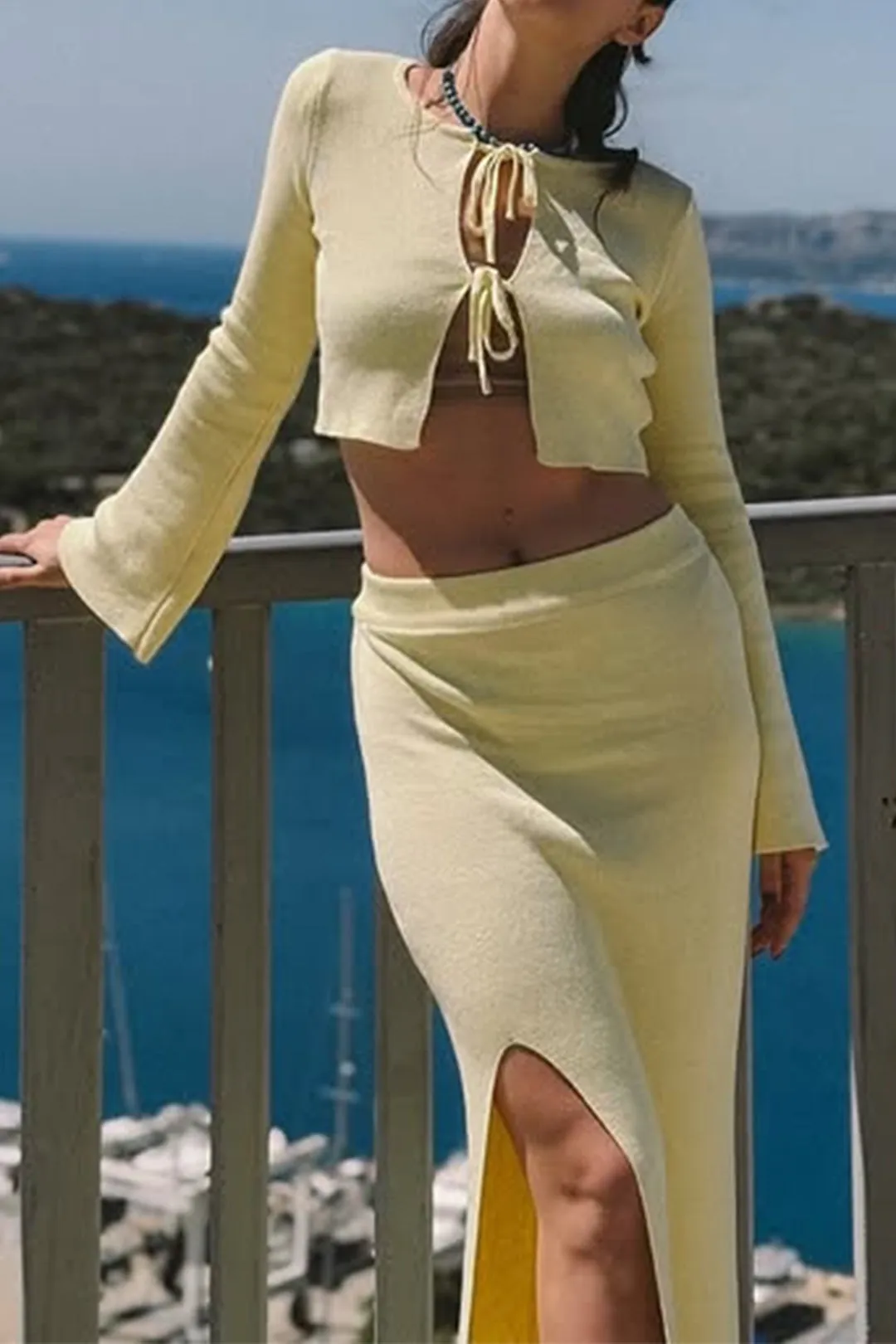 Knit Tie-Up Bell Long Sleeve Top And Side Split Skirt Set sold by Micas product image thumbnail 3