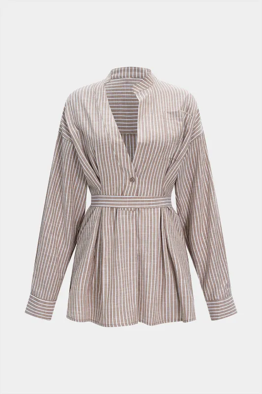Contrast Stripes Print Ruched Strappy Long-Sleeve Shirt sold by Micas