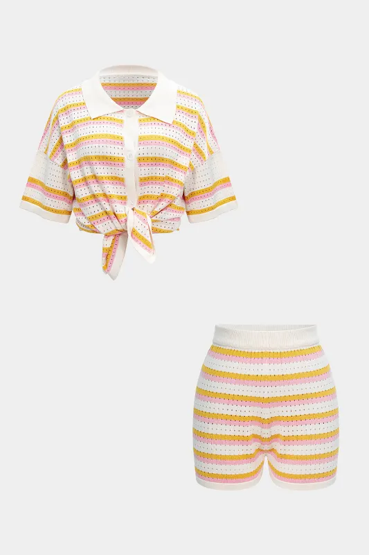 Knit Color Block Stripes Print Button Short-Sleeve Shirt And Shorts Set sold by Micas
