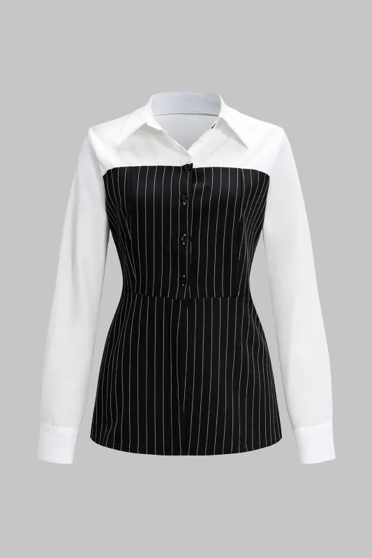 Stripes Print Button Patchwork Long-Sleeve Shirt sold by Micas