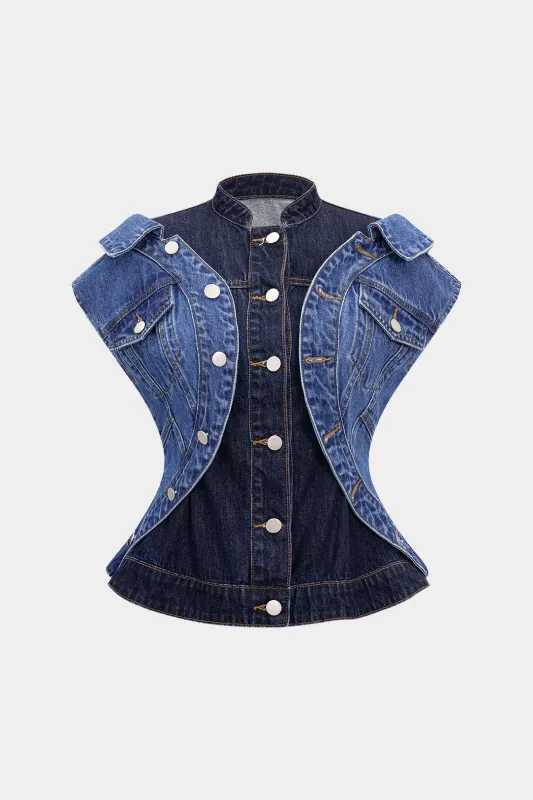 Denim Contrast Button Patchwork Tank Top sold by Micas