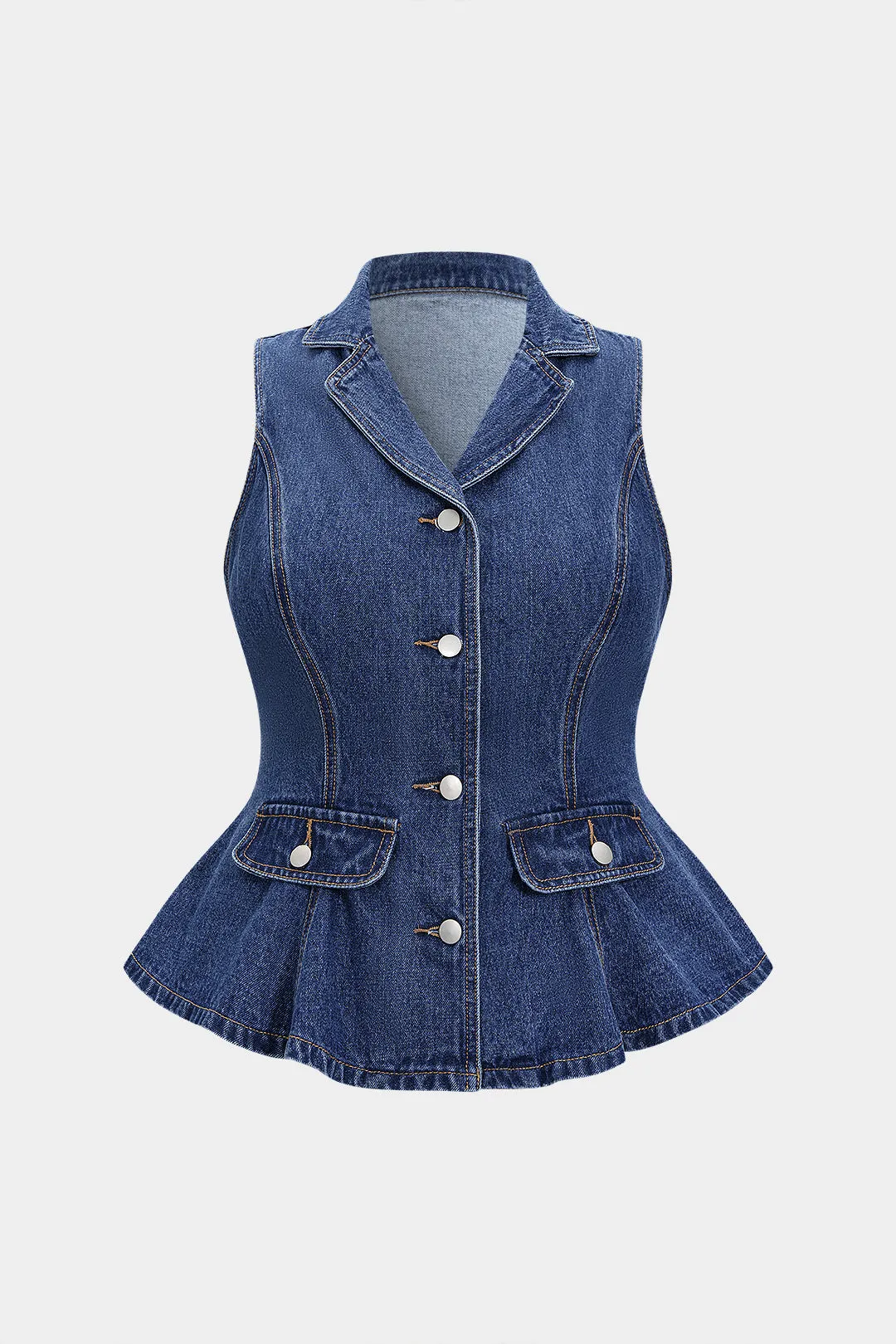 Plus Size Denim Button V-Neck Ruffle Hem Vest sold by Micas
