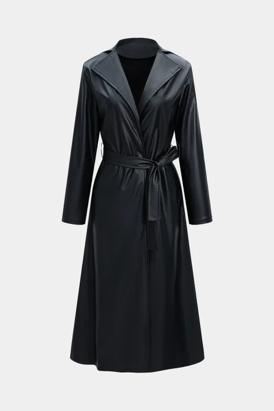 Faux Leather Notched Lapel Tie-Up Coat sold by Micas