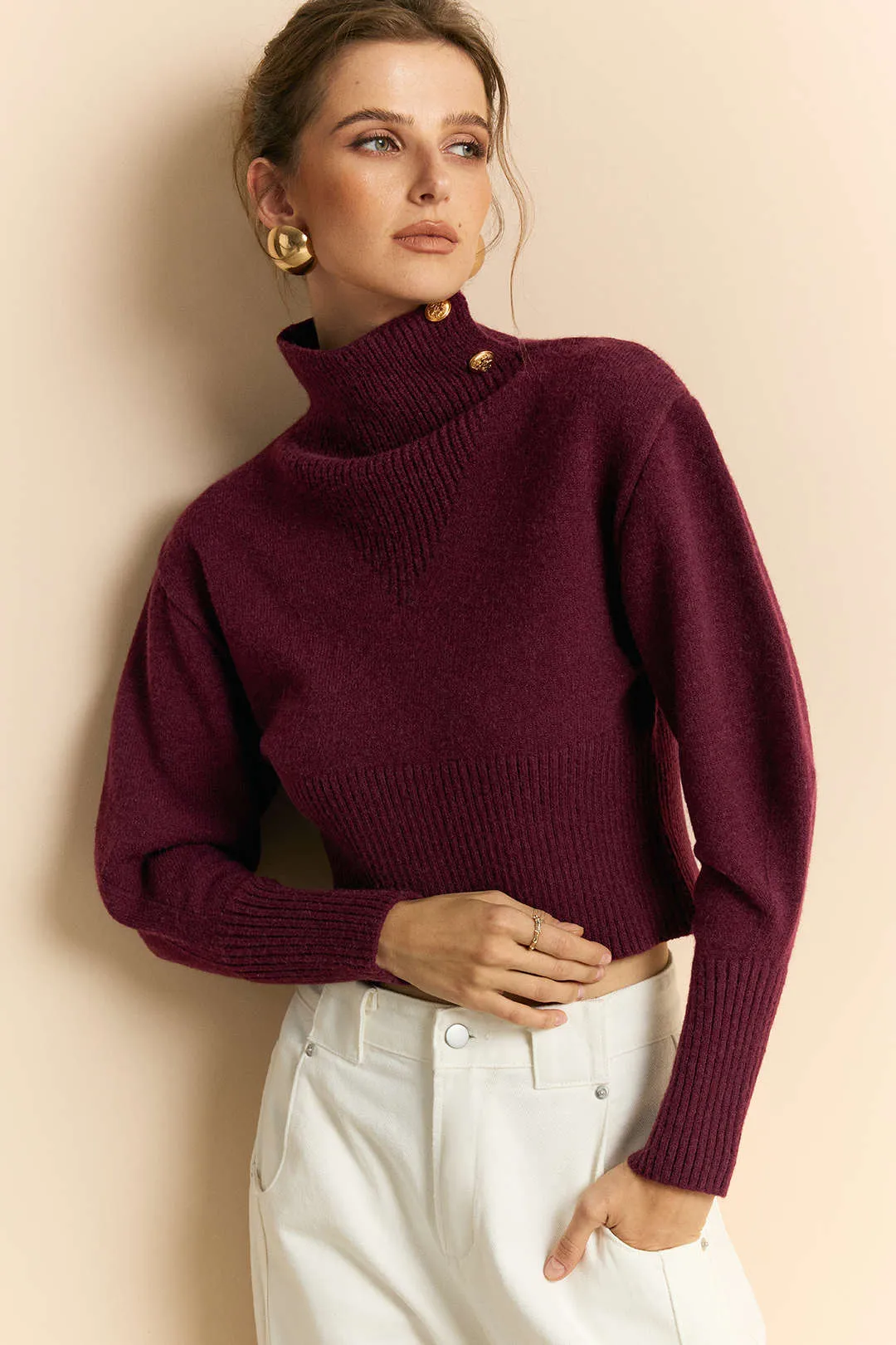 Knit Metallic Button Long-Sleeve Top sold by Micas