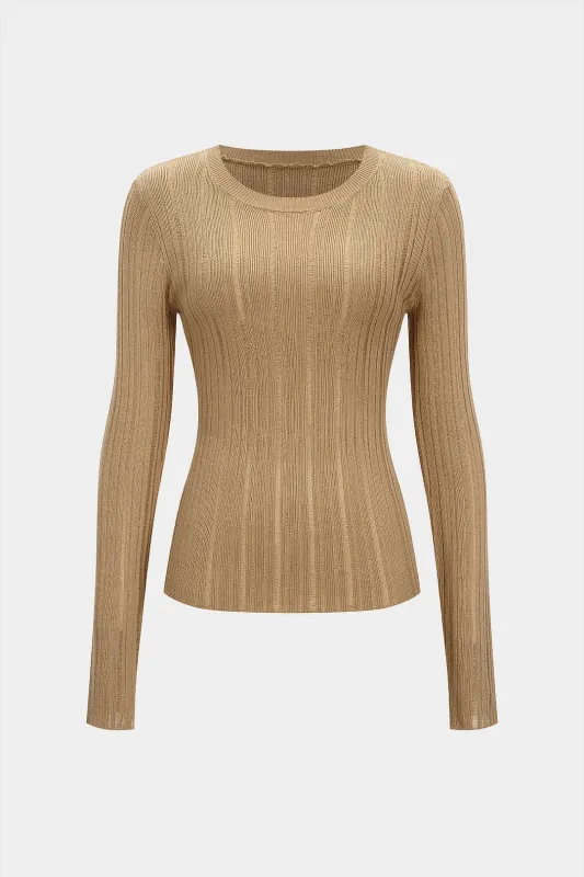 Knit Tie Back Round Neck Ruched Backless Long-Sleeve Top sold by Micas