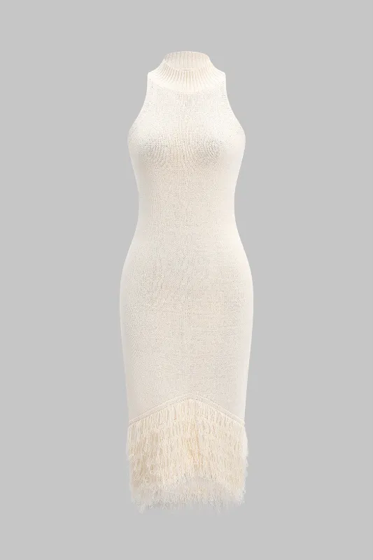 Knit Halter Neck Backless Fringe Sleeveless Dress made by Micas