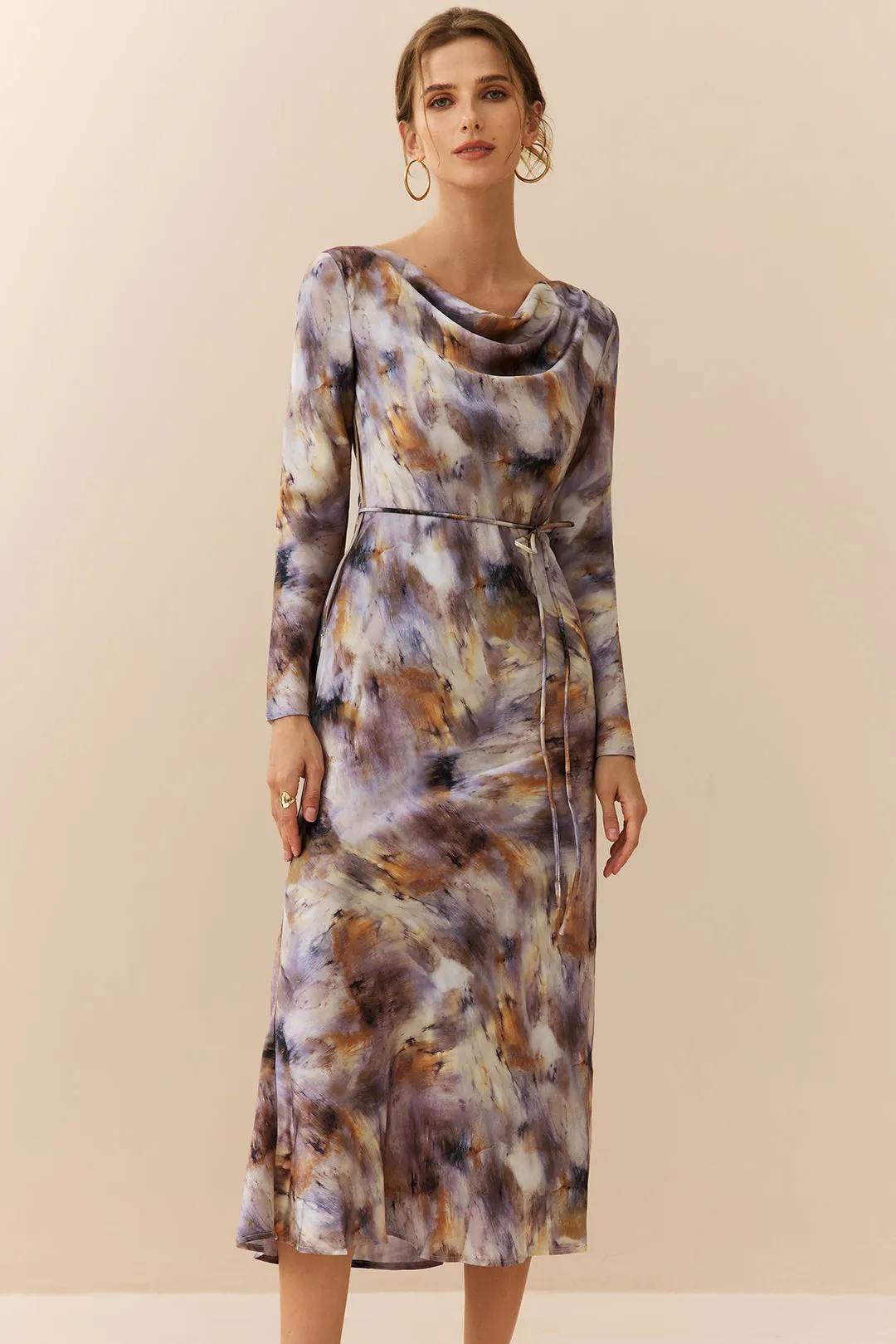 Satin Batik Print Cowl Neck Bell Long Sleeve Maxi Dress sold by Micas product image thumbnail 3
