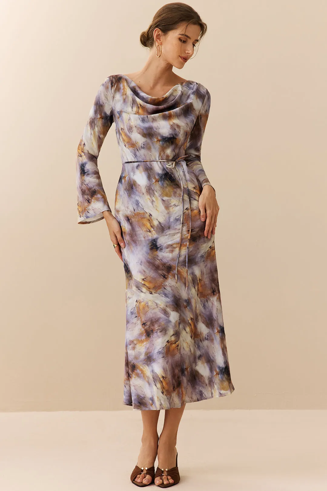 Satin Batik Print Cowl Neck Bell Long Sleeve Maxi Dress sold by Micas