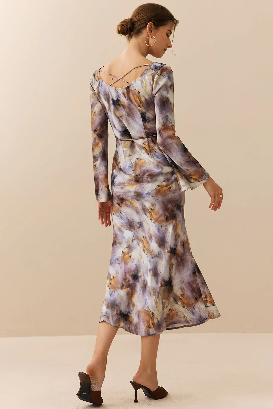 Satin Batik Print Cowl Neck Bell Long Sleeve Maxi Dress sold by Micas product image thumbnail 2