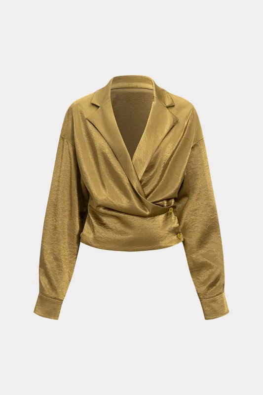 Satin V-Neck Asymmetrical Button Ruched Long-Sleeve Shirt sold by Micas