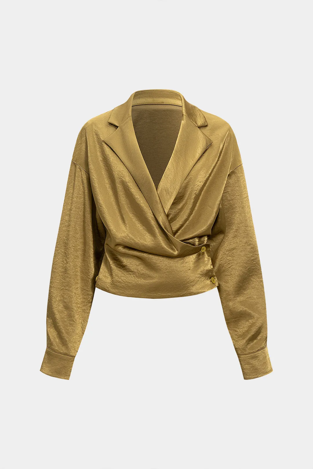 Satin V-Neck Asymmetrical Button Ruched Long-Sleeve Shirt sold by Micas